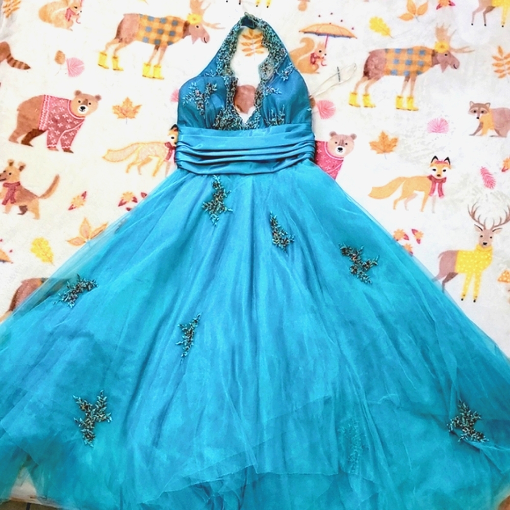 🤎 PROM TULLE LACE V BRONZE HALTER FORMAL GREEN BLUE MERMAID GRUNGE ROCK GOWN